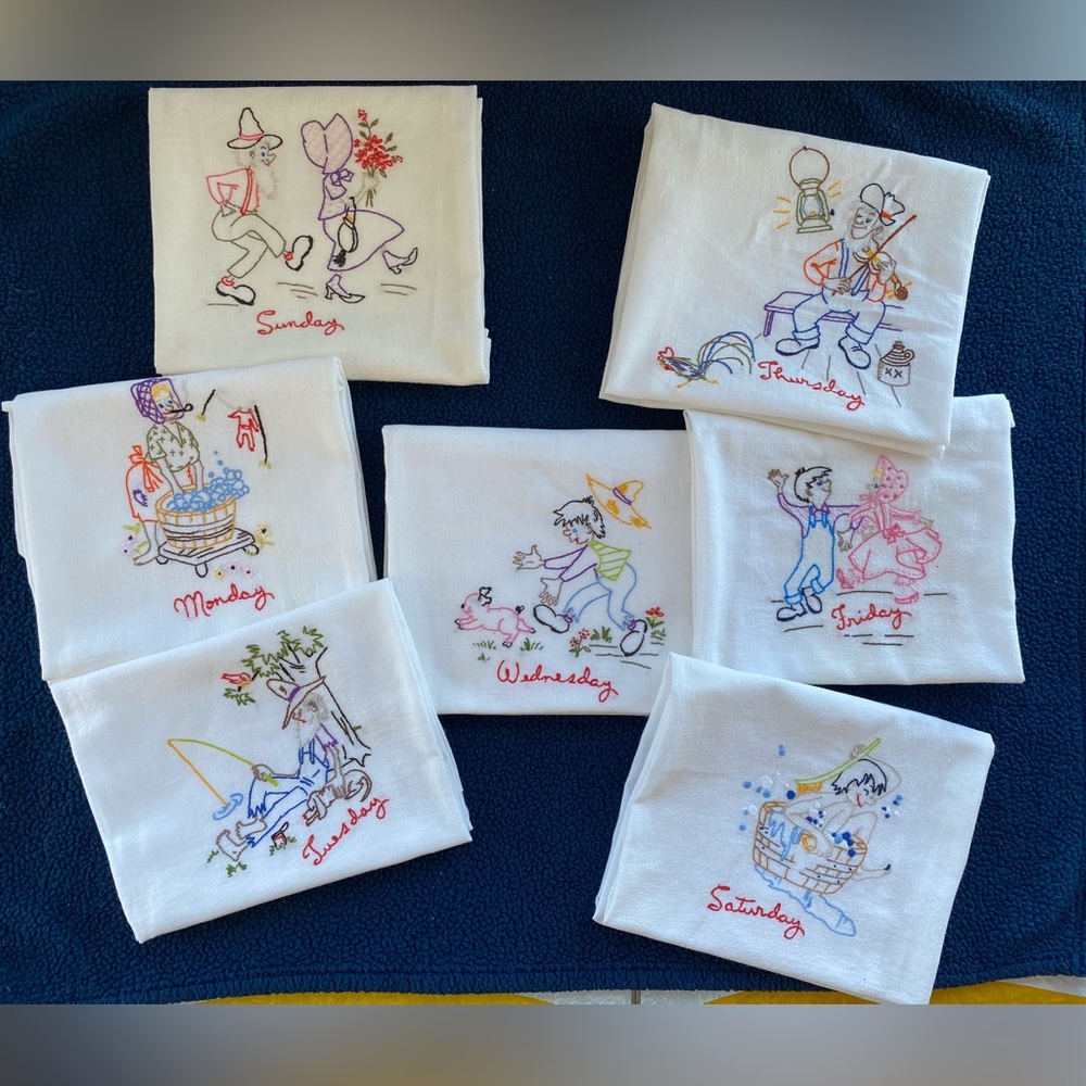 Vintage Days Of The Week Dish, Tea Towels - Hillbilly Themed - Set Of 7